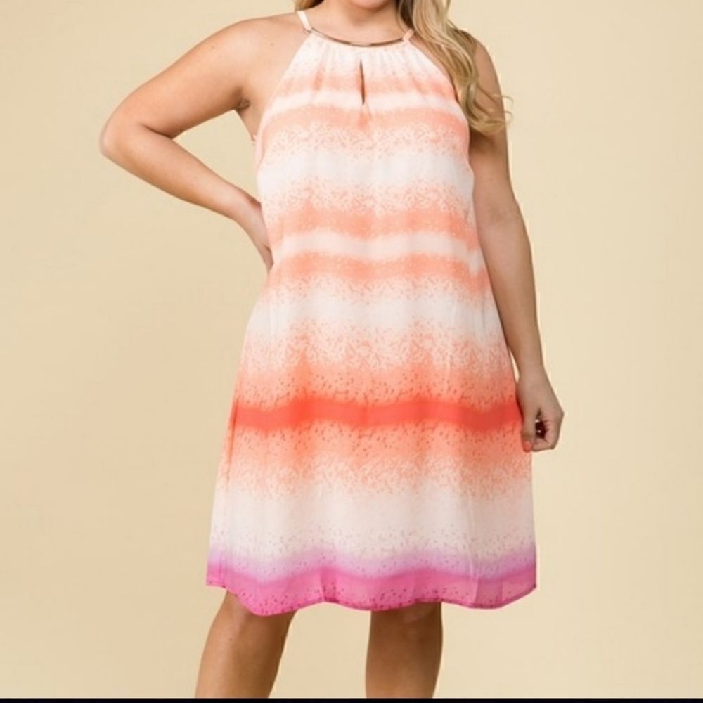 Luxology Ombre Halter Midi Dress With Gold Tone Neck Jewelry Size 8